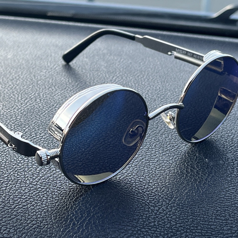 Steampunk Round Sunglasses MSP567 Silver Metal Black Lens 46/19/135 Design Italy
